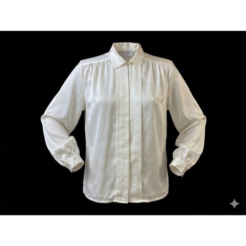 VTG 80s 90s Impressions of California White Satin Blouse M Long Sleeve Pleated